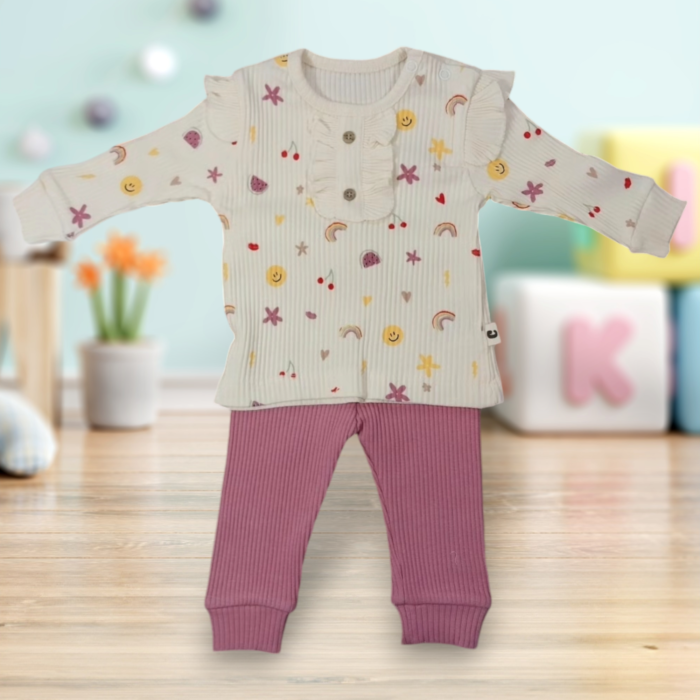 Omuzları fırfırlı karışık desen kız bebek takım